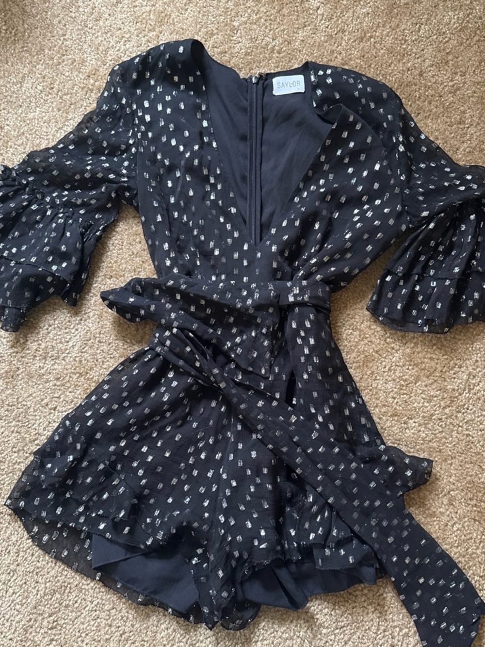 SAYLOR Black Metallic Dot Wrap Romper